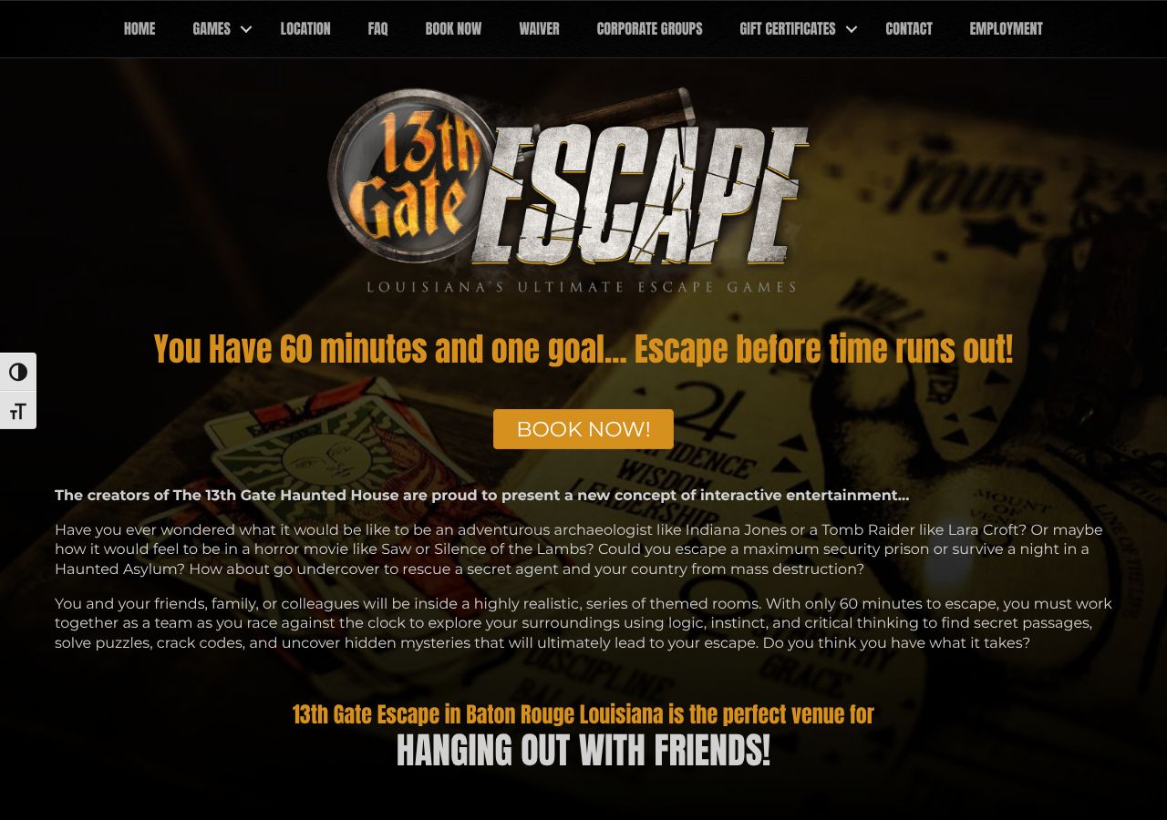 Homepage snapshot of 13th Gate Escape, Louisiana's Ultimate Escape Games