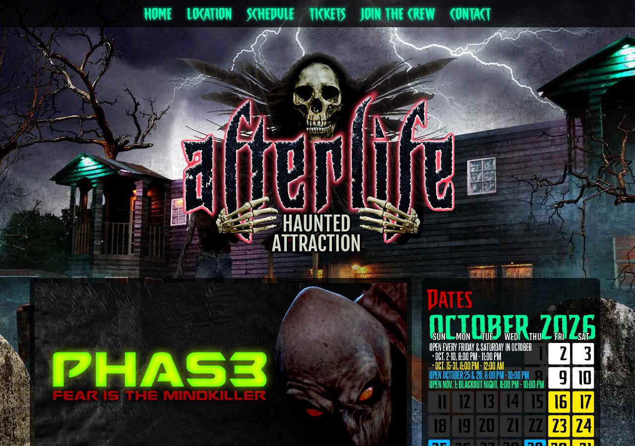 Homepage snapshot of Afterlife Haunted House
