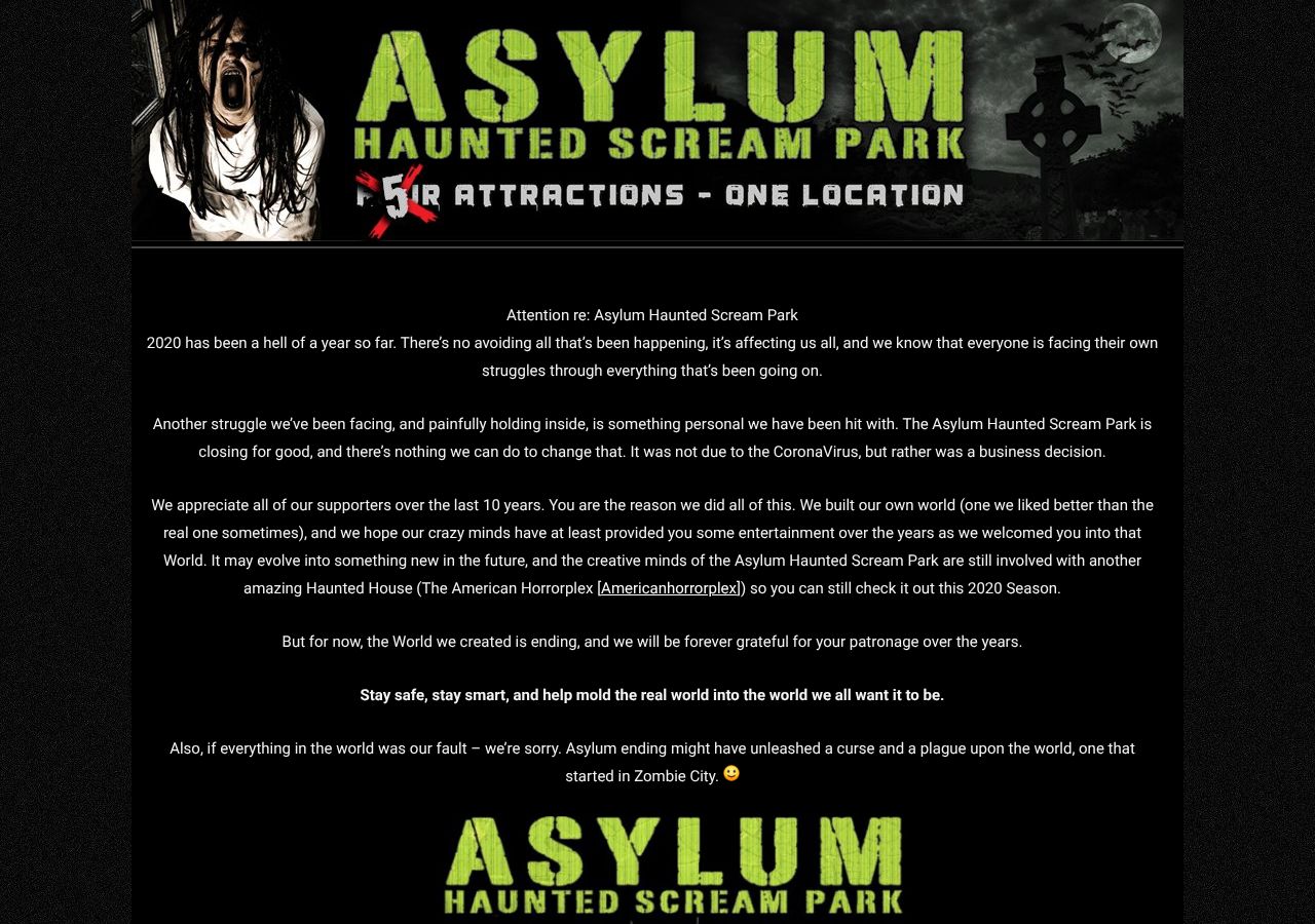 Homepage snapshot of Asylum Haunted Scream Park