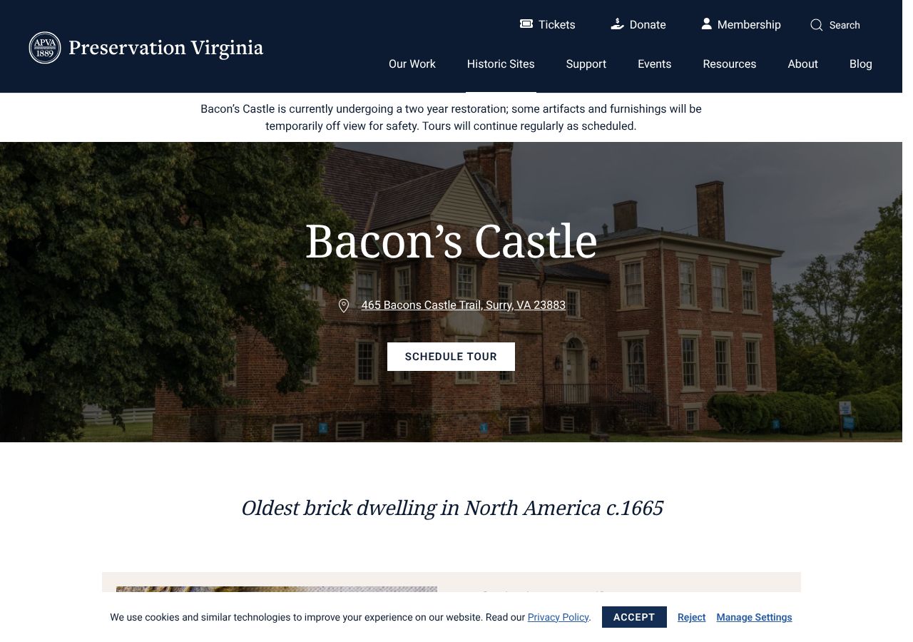 Homepage snapshot of Bacon's Castle