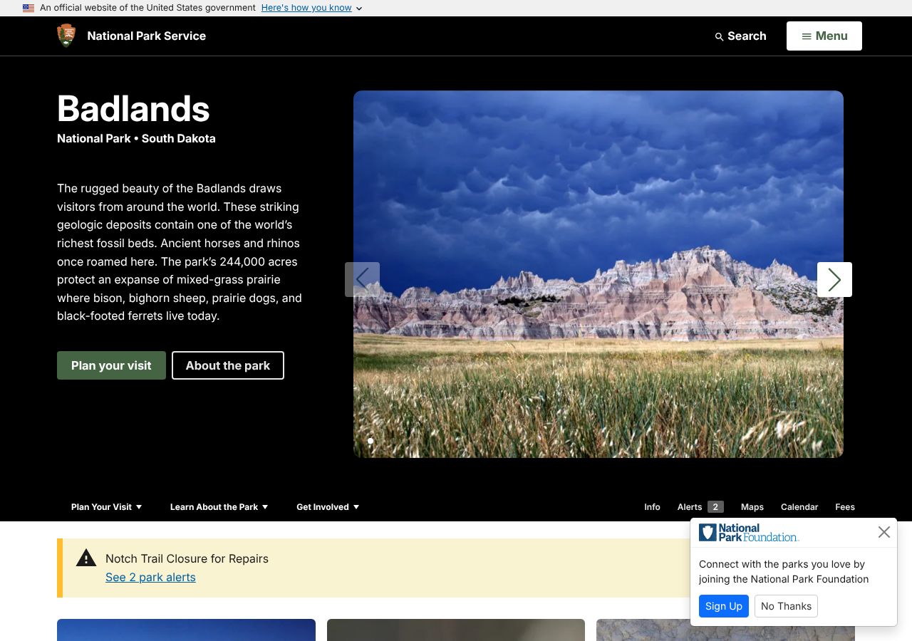 Homepage snapshot of Badlands National Park