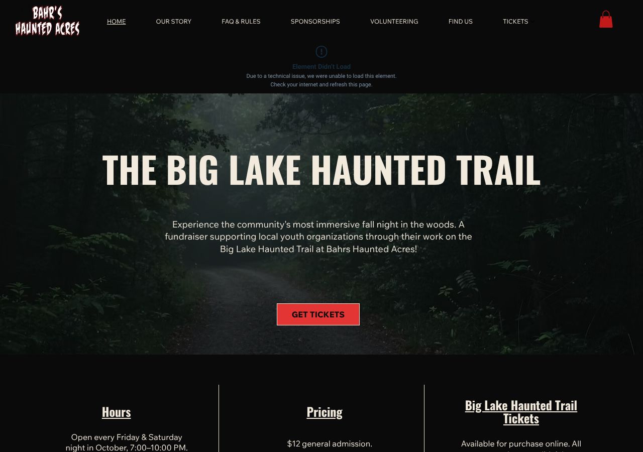 Homepage snapshot of Bahr's Haunted Acres