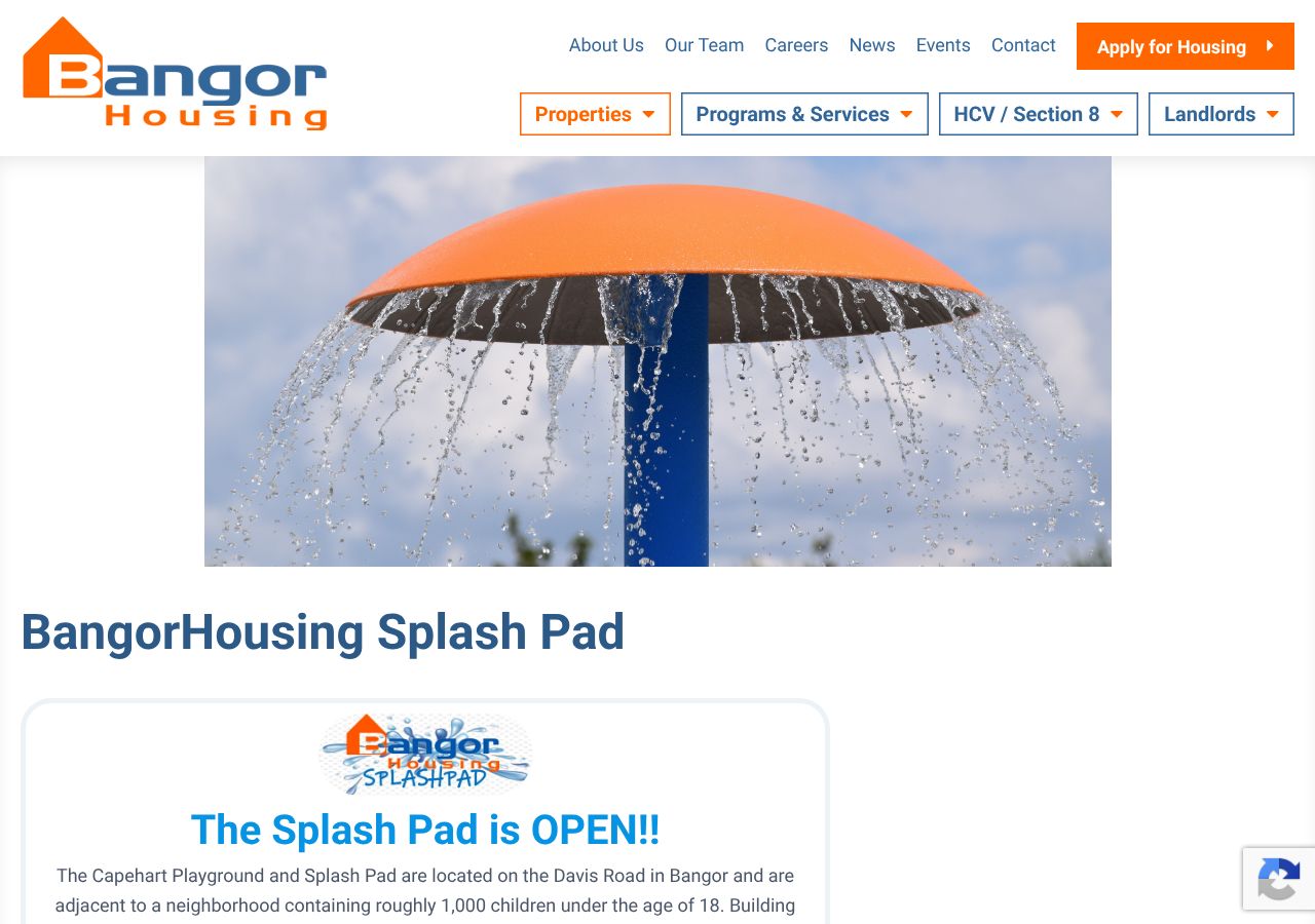 Homepage snapshot of Bangor Housing Splash Pad