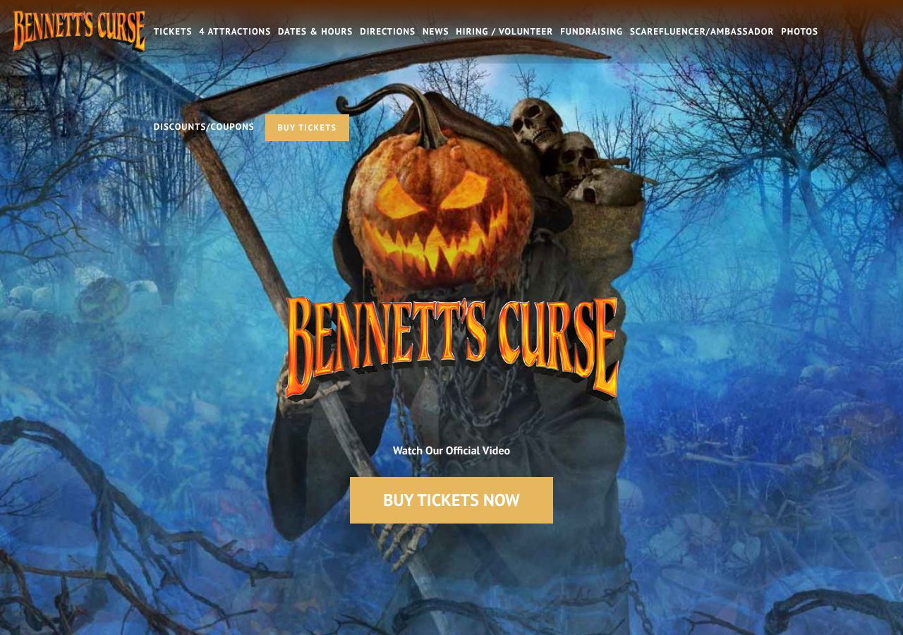 Homepage snapshot of Bennett's Curse Haunted House Maryland