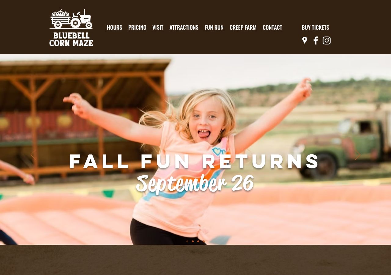 Homepage snapshot of Bluebell Corn Maze