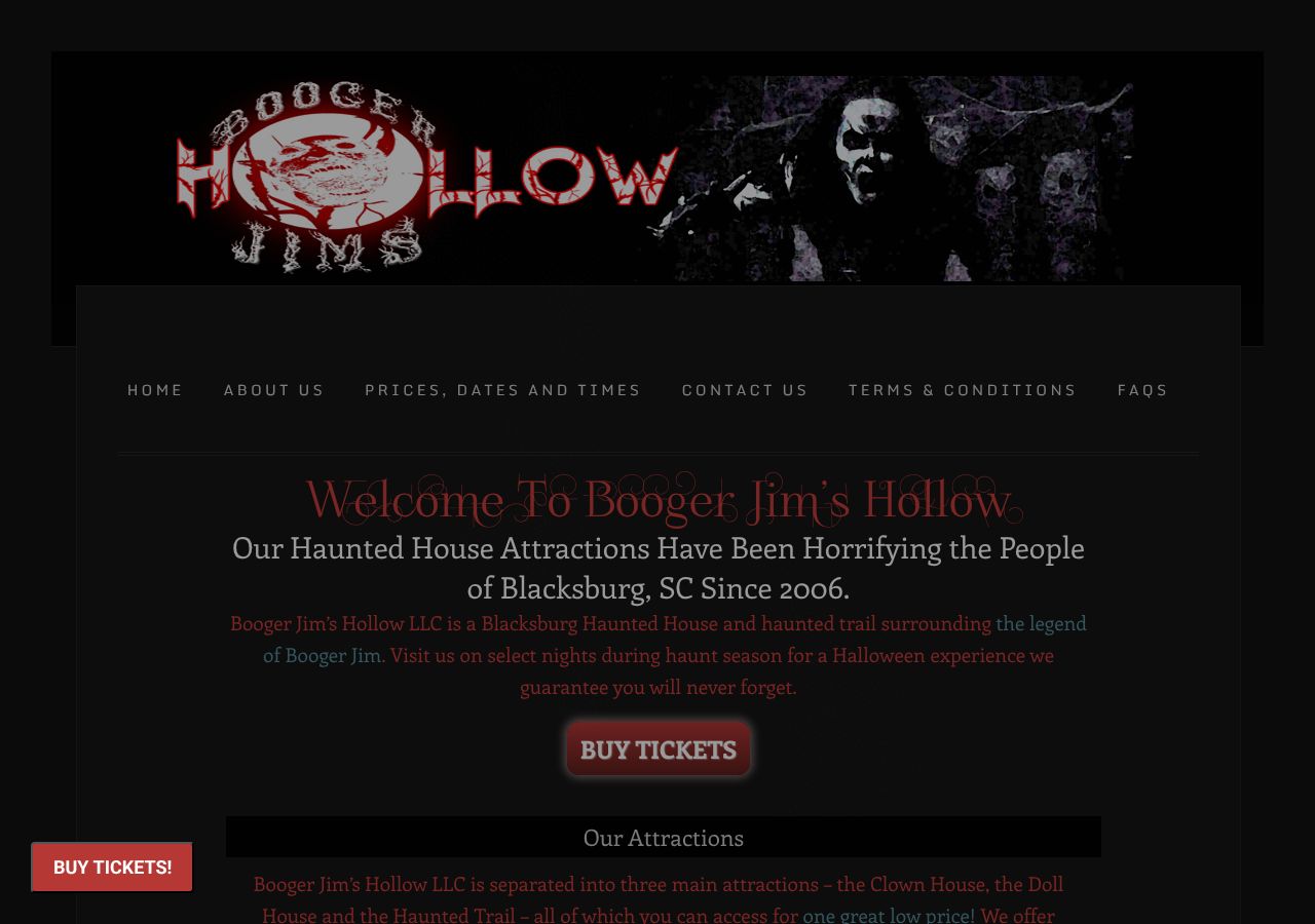 Homepage snapshot of Booger Jim's Hollow Haunted House