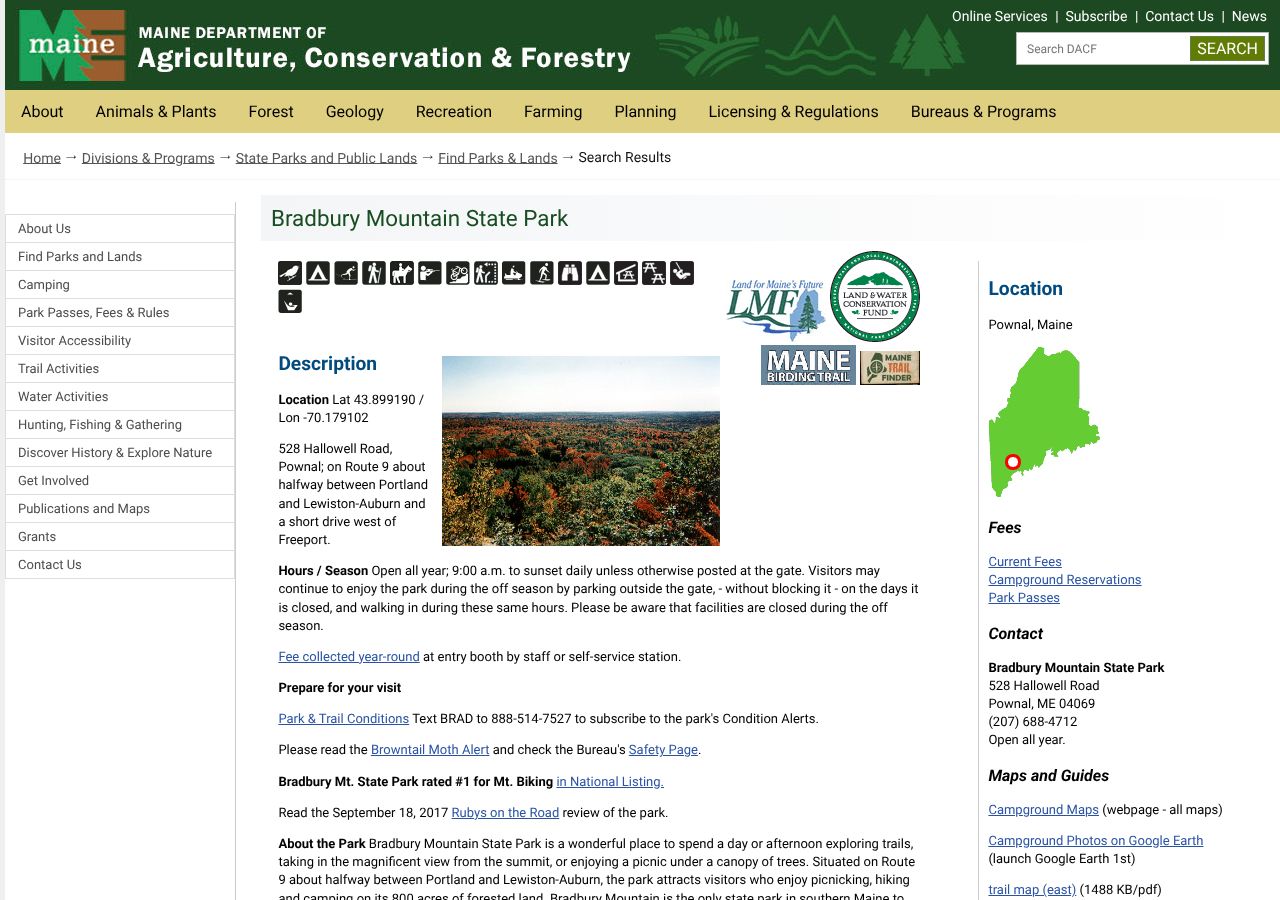 Homepage snapshot of Bradbury Mountain State Park