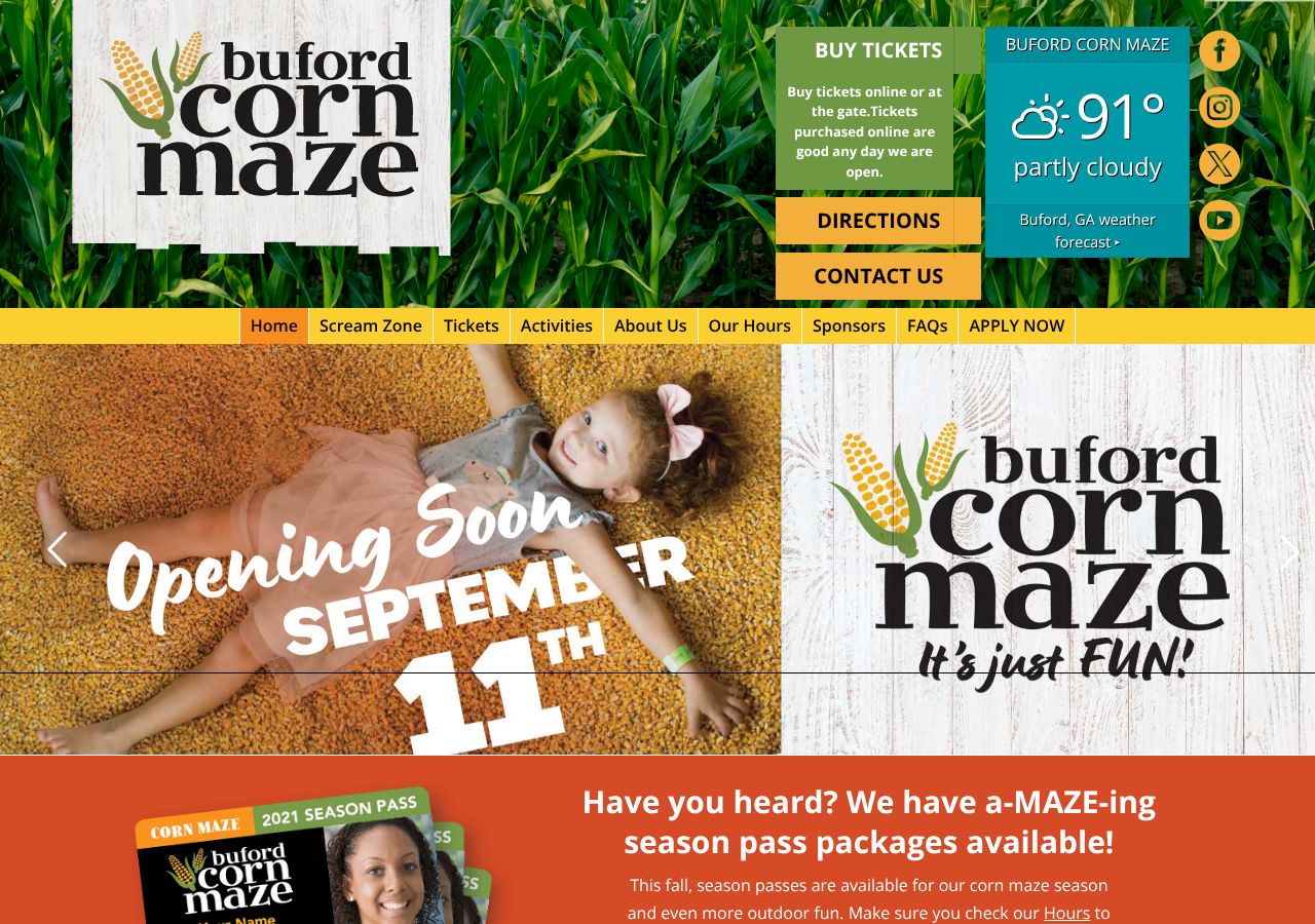 Homepage snapshot of Buford Corn Maze