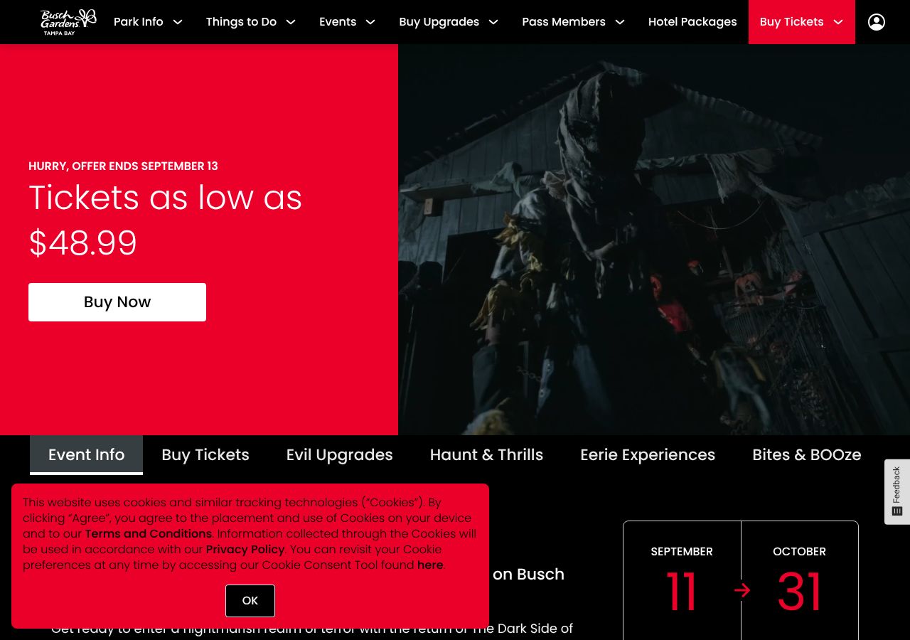 Homepage snapshot of Busch Gardens Tampa Bay Howl-O-Scream