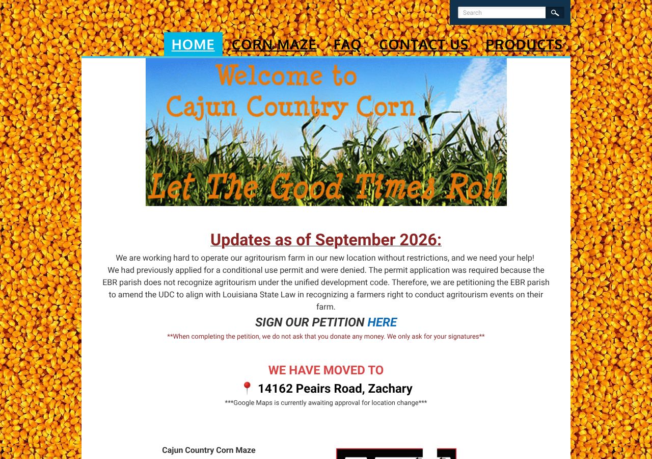 Homepage snapshot of Cajun Country Corn Home of Louisiana Maze LLC