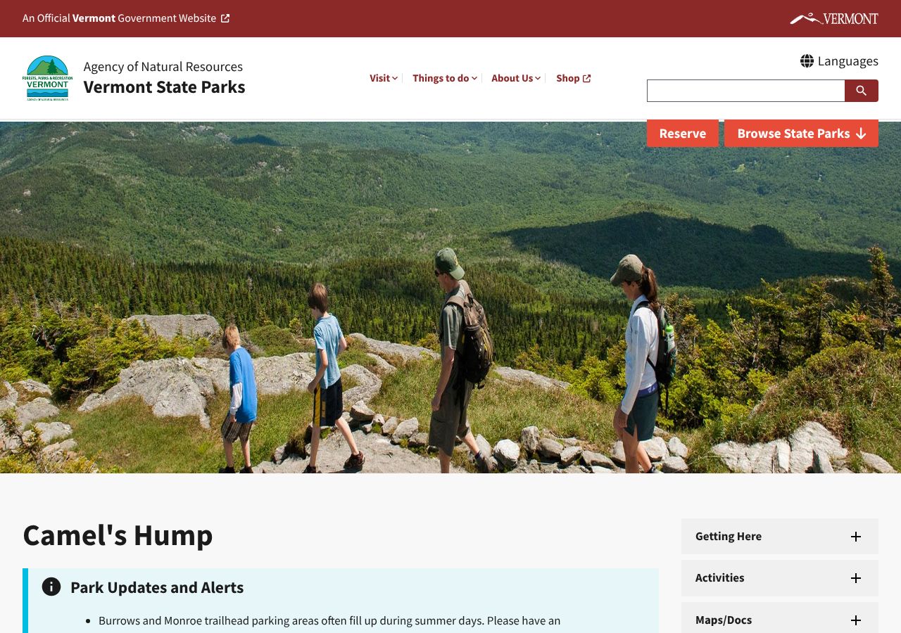 Homepage snapshot of Camel's Hump State Park