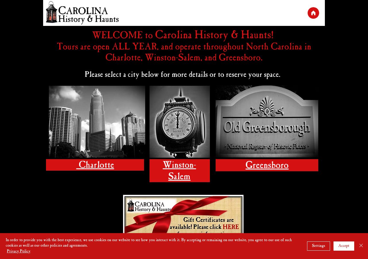 Homepage snapshot of Carolina History & Haunts Charlotte Ghost Tour