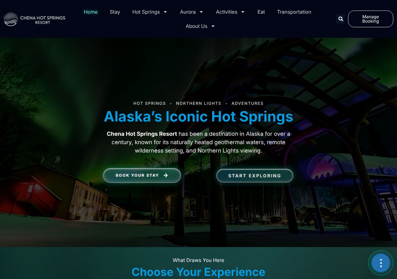 Homepage snapshot of Chena Hot Springs Resort