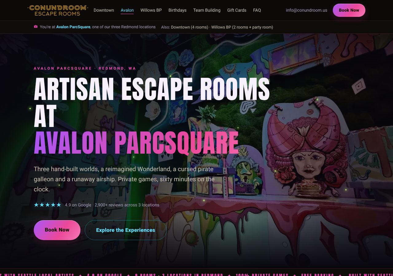 Homepage snapshot of Conundroom Escape Rooms Avalon: Alice, The Ghost Ship, Zeppelin