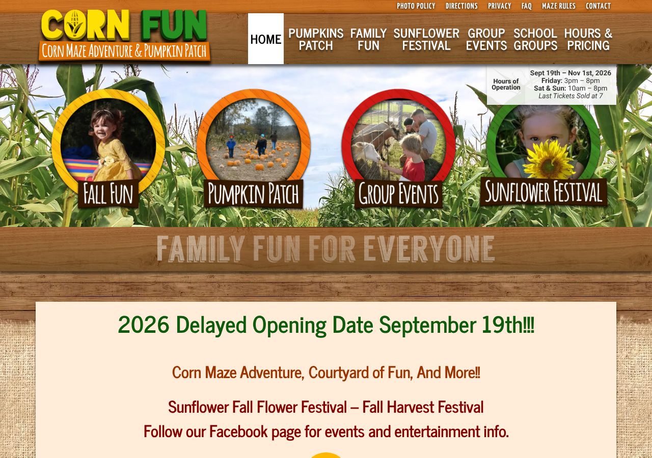 Homepage snapshot of CornFun Corn Maze Adventure And Pumpkin Patch