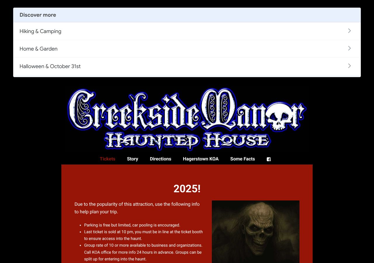 Homepage snapshot of Creekside Manor Haunted House
