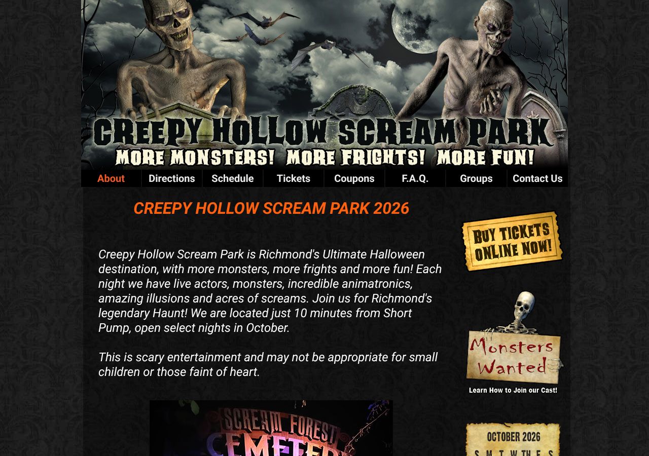 Homepage snapshot of Creepy Hollow Scream Park
