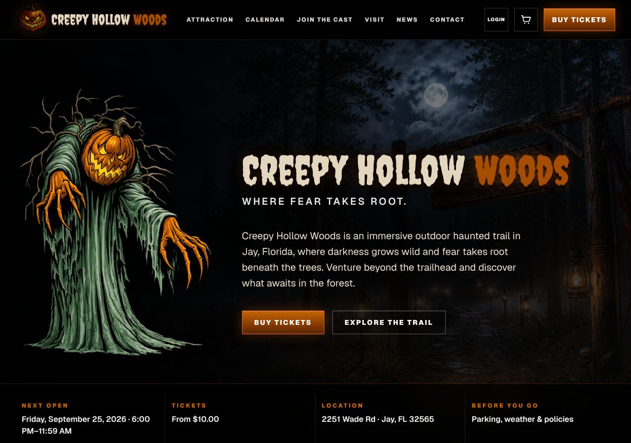 Homepage snapshot of Creepy Hollow Woods