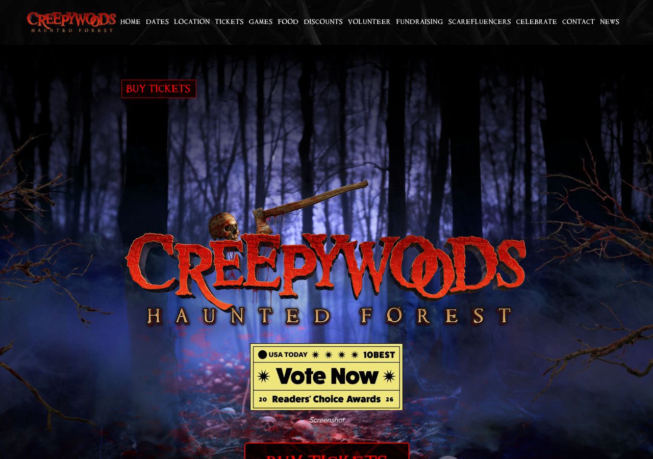 Homepage snapshot of Creepywoods Haunted Forest