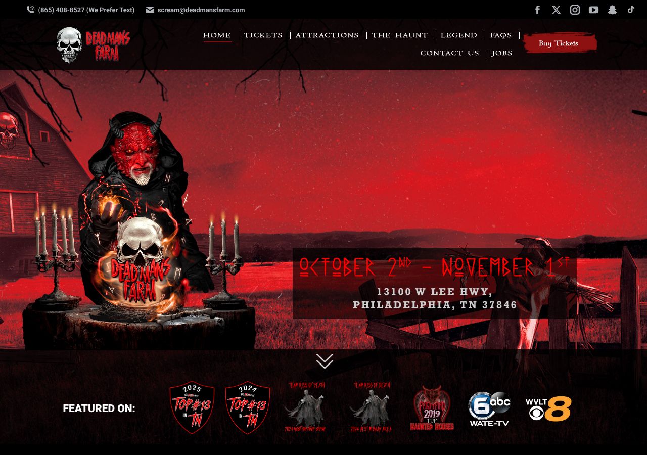 Homepage snapshot of Dead Man's Farm Haunted Attraction