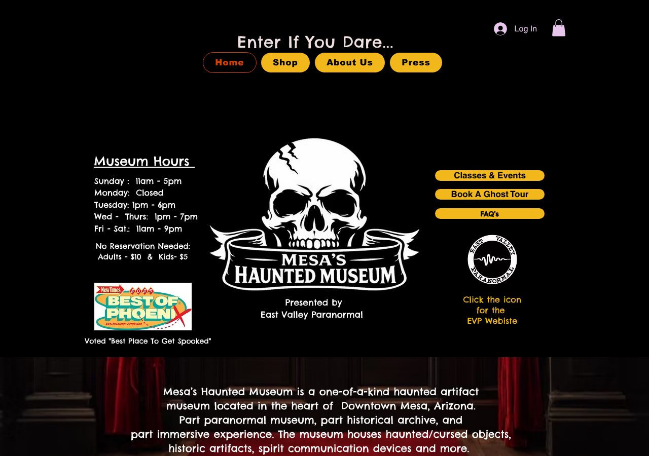 Homepage snapshot of East Valley Paranormal HQ / Mesa's Haunted Museum