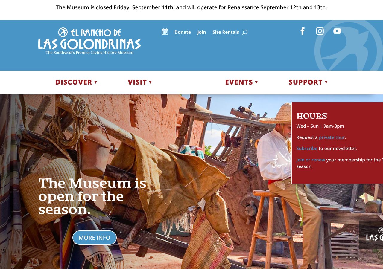 Homepage snapshot of El Rancho de las Golondrinas