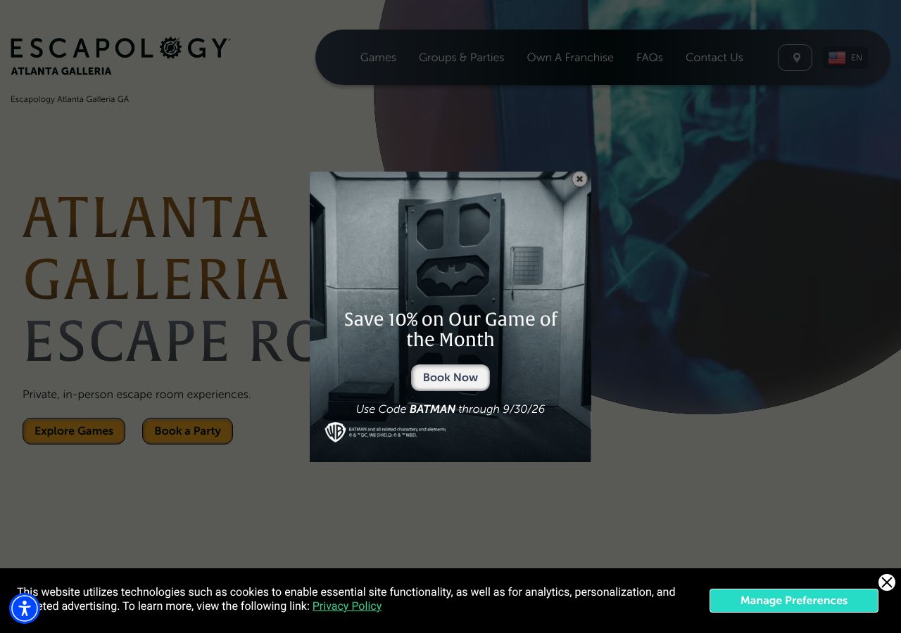 Homepage snapshot of Escapology Escape Rooms Atlanta Galleria