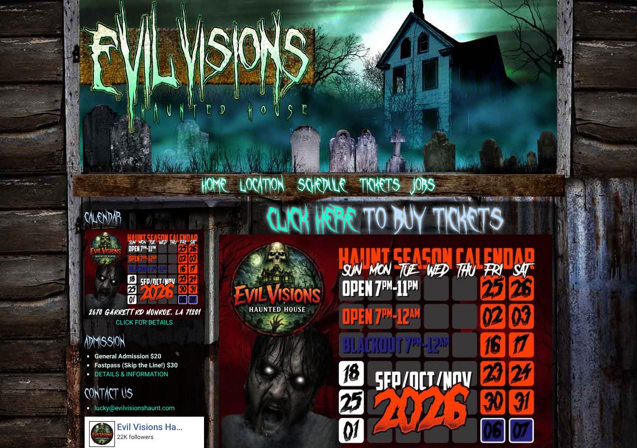 Homepage snapshot of Evil Visions Haunted House