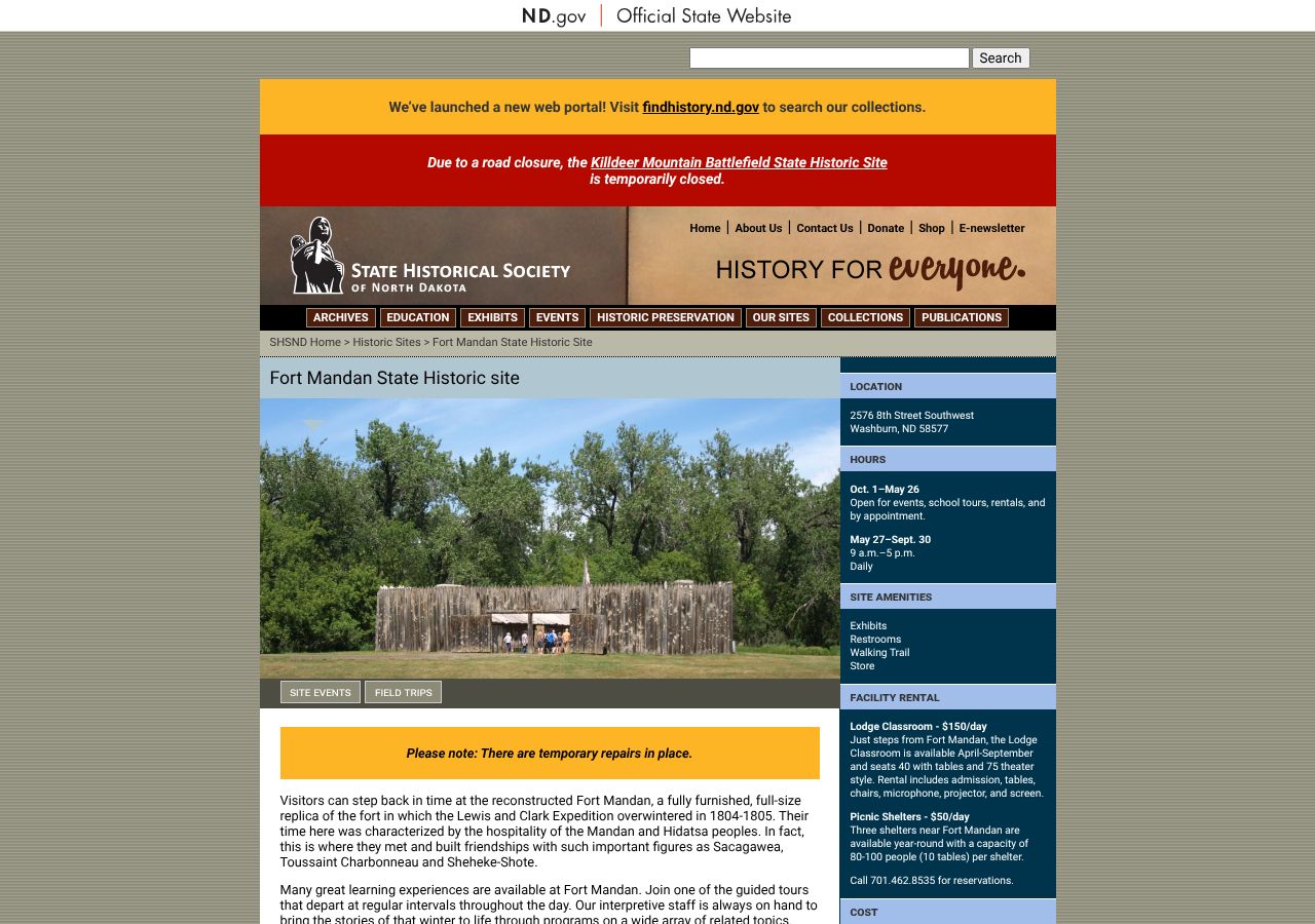 Homepage snapshot of Fort Mandan State Historic Site