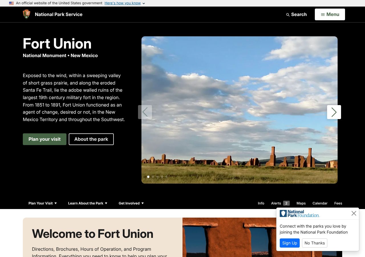 Homepage snapshot of Fort Union National Monument