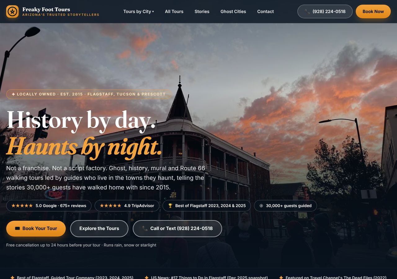 Homepage snapshot of Freaky Foot Tours: Flagstaff Ghost + Walking Tours