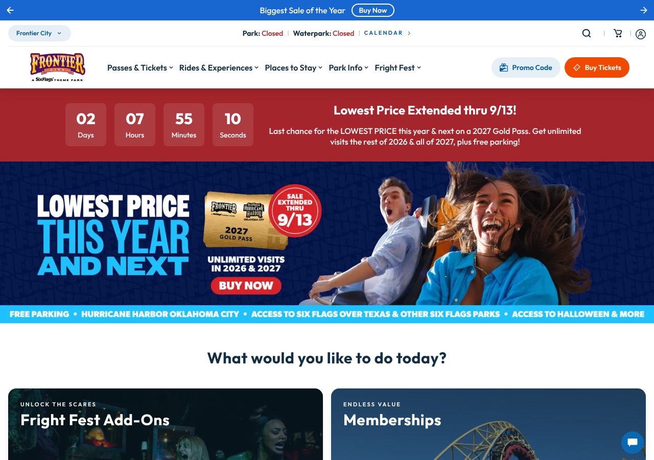 Homepage snapshot of Frontier City