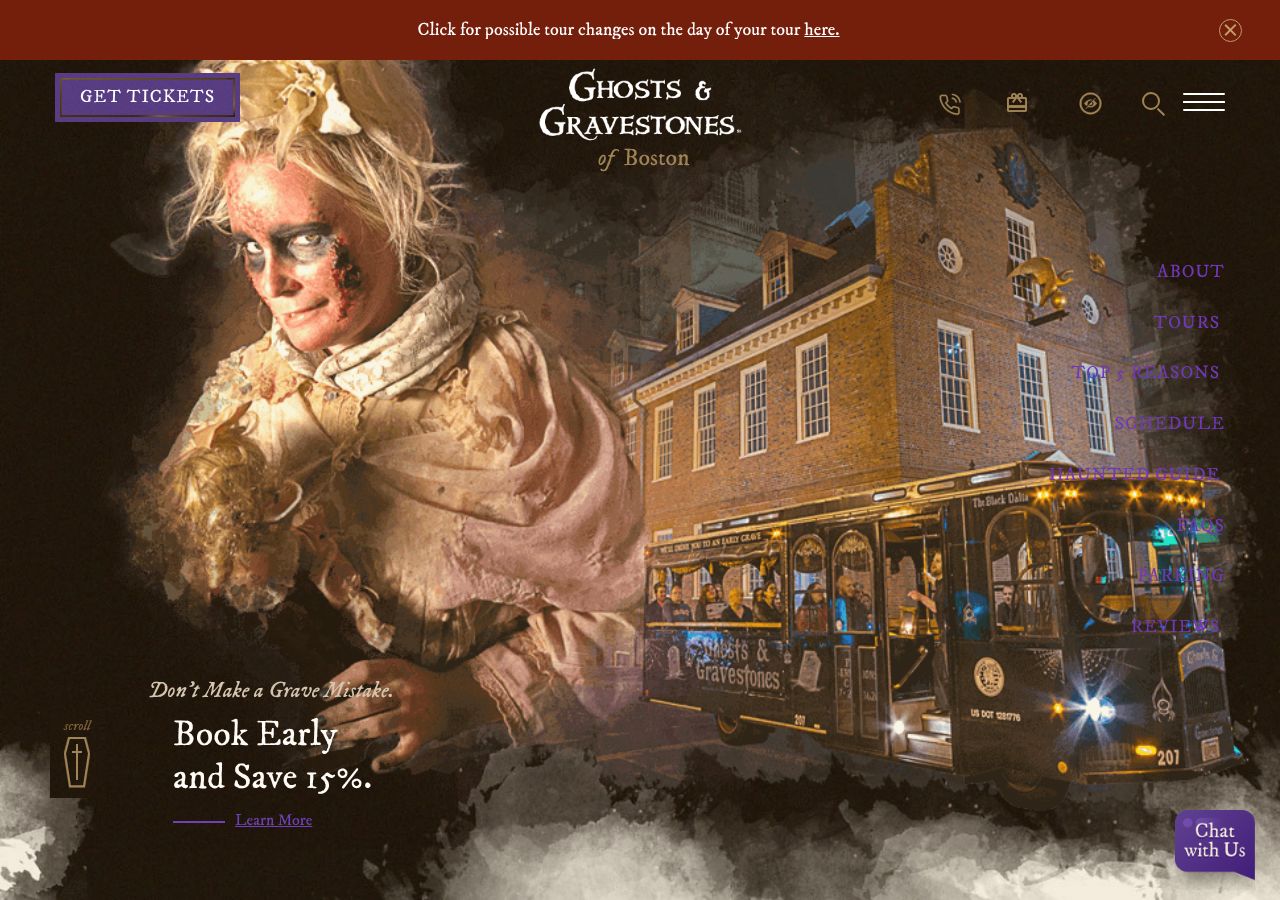Homepage snapshot of Ghosts & Gravestones Tour Boston