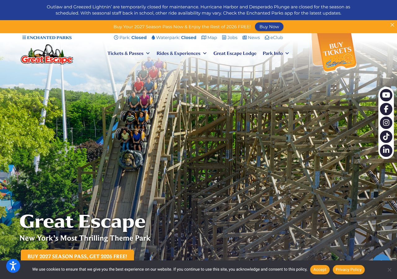 Homepage snapshot of Great Escape Theme Park