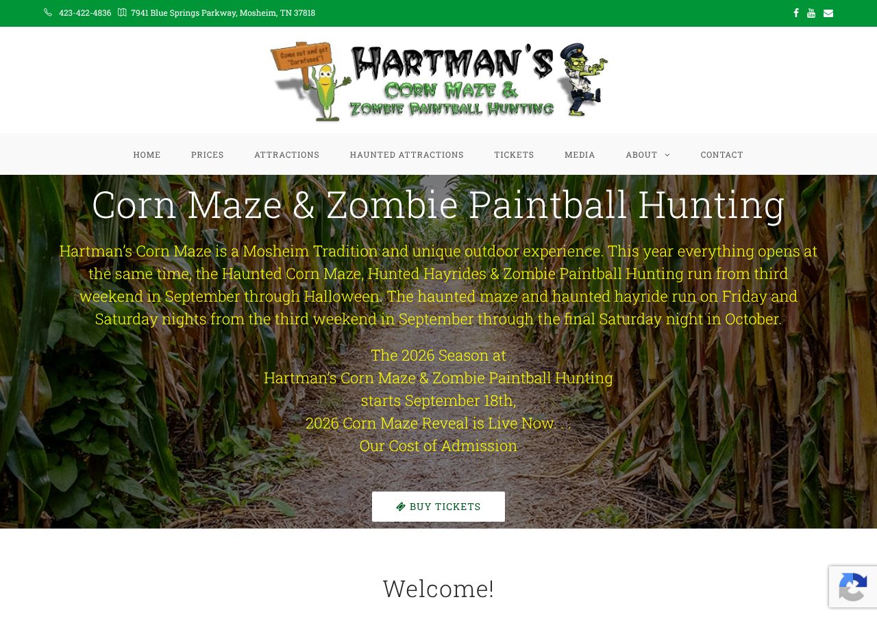 Homepage snapshot of Hartman's Corn Maze & Zombie Paintball Hunting