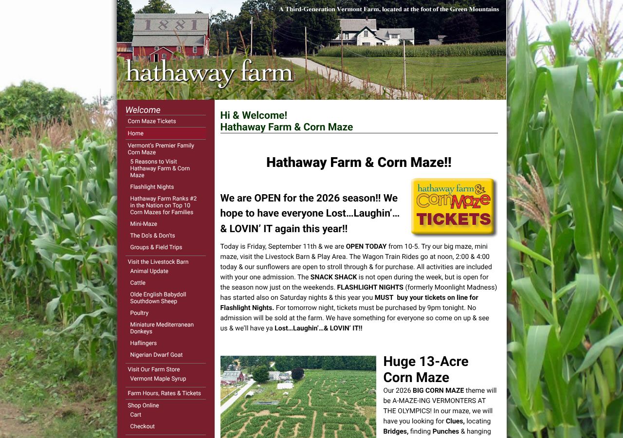Homepage snapshot of Hathaway Farm & Corn Maze