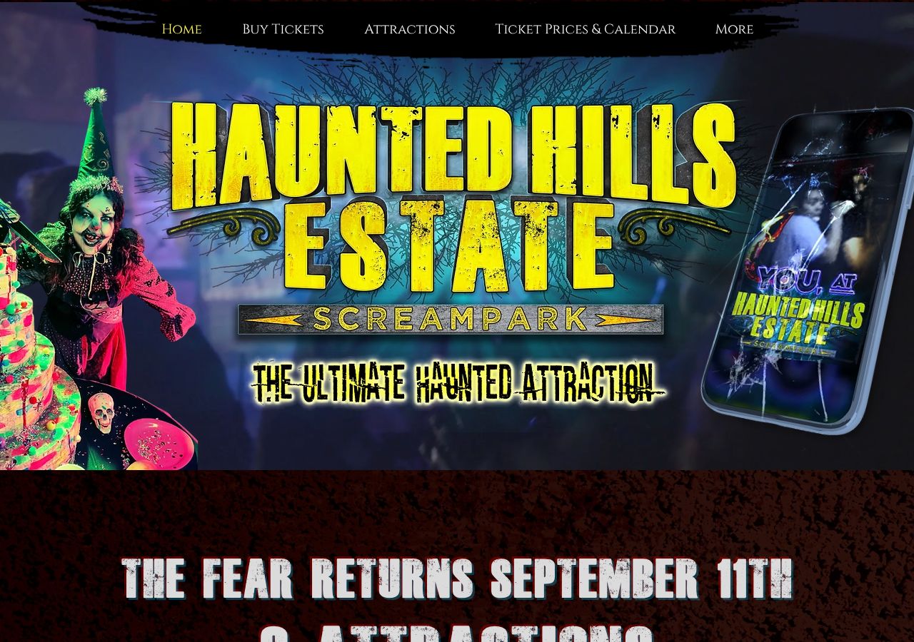 Homepage snapshot of Haunted Hills Estate Scream Park