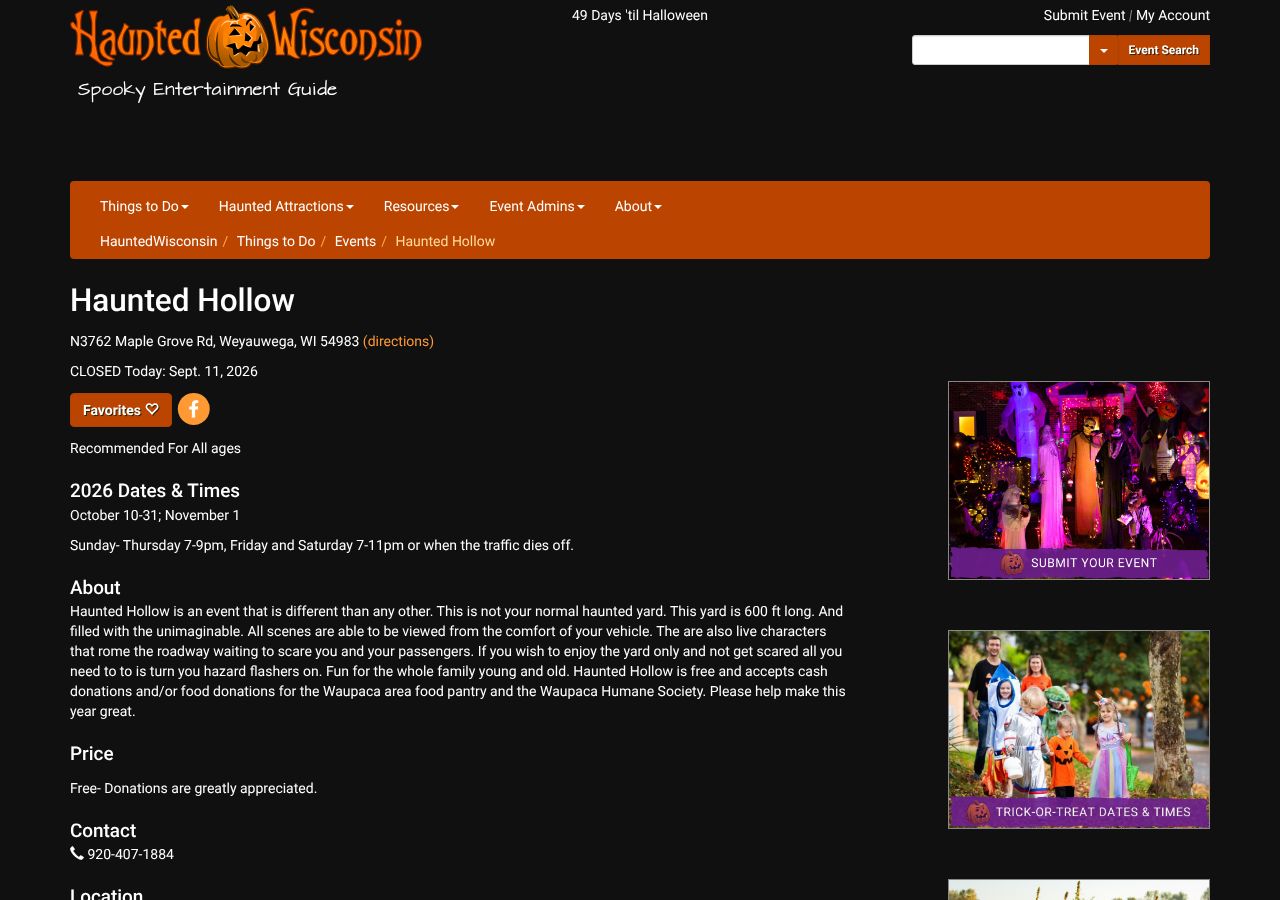 Homepage snapshot of Haunted Hollow