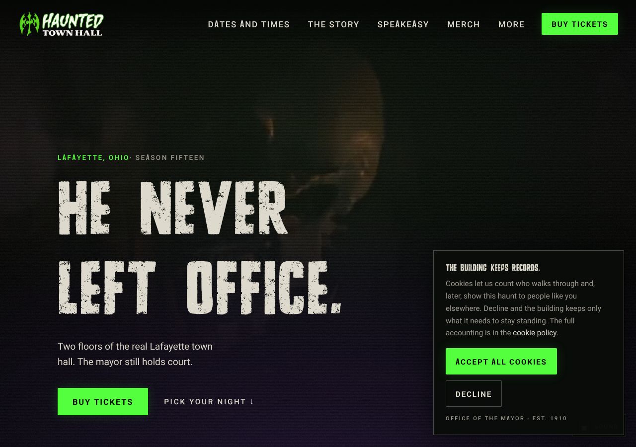 Homepage snapshot of Haunted Town Hall