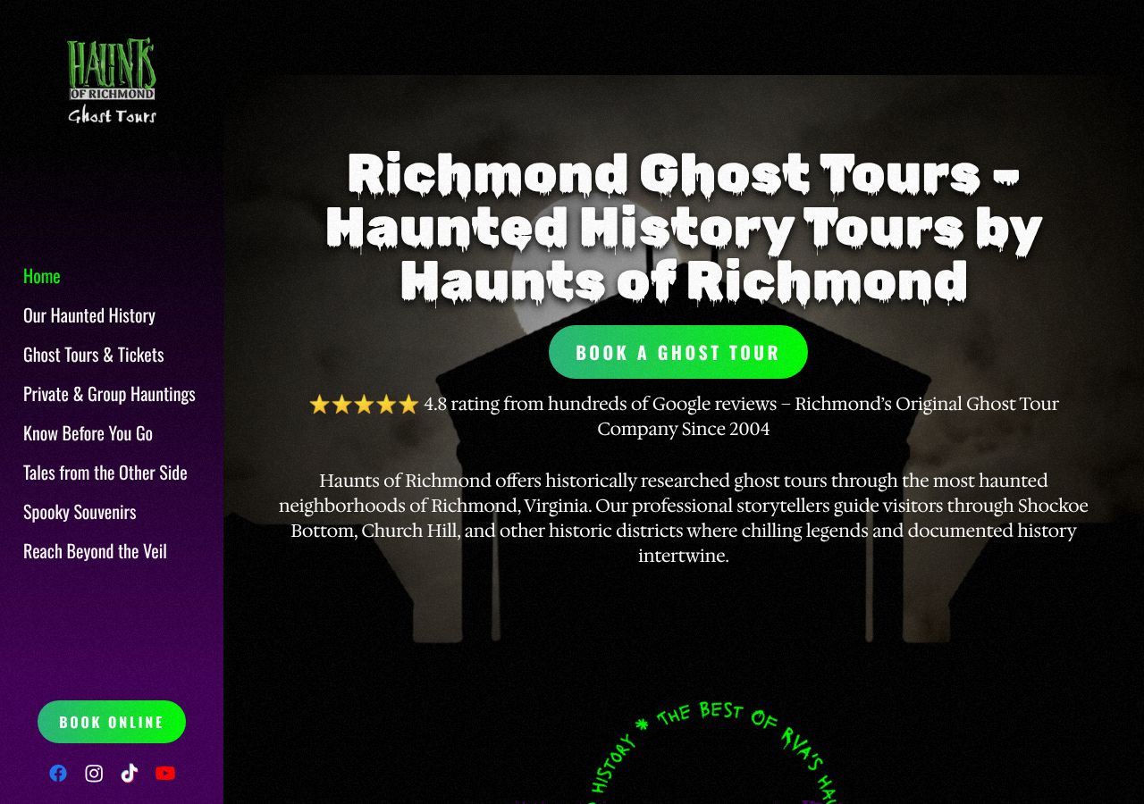 Homepage snapshot of Haunts of Richmond - The Original Richmond Ghost Tour Company