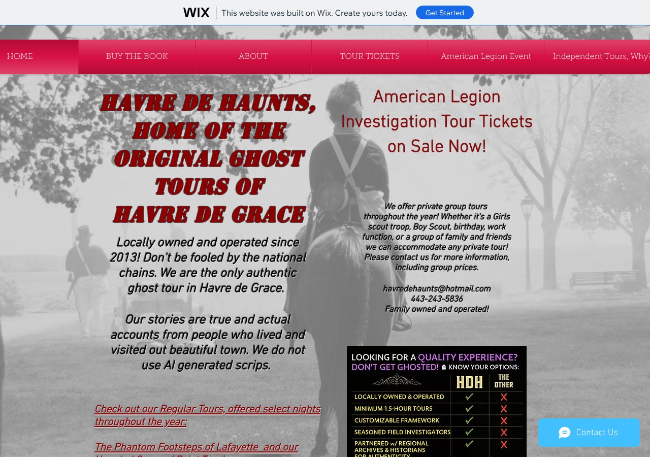 Homepage snapshot of Havre de Haunts, Original Ghost Tours of Havre de Grace, #1 Rated