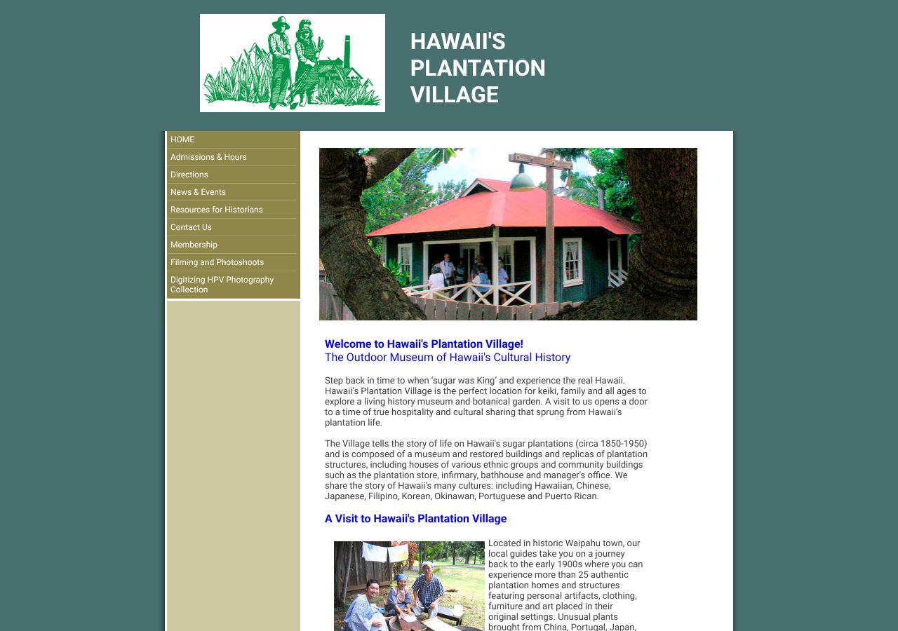 Homepage snapshot of Hawaii's Plantation Village