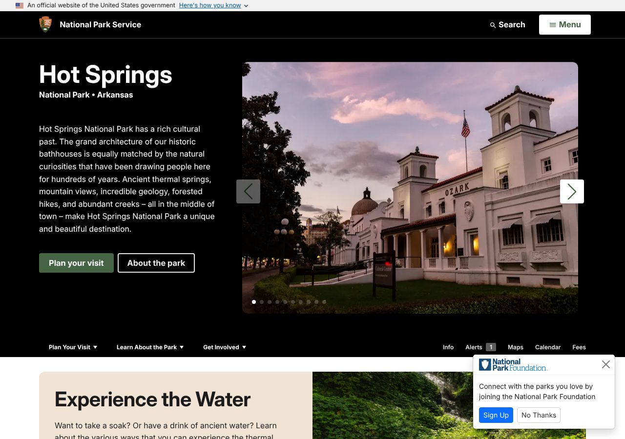 Homepage snapshot of Hot Springs National Park