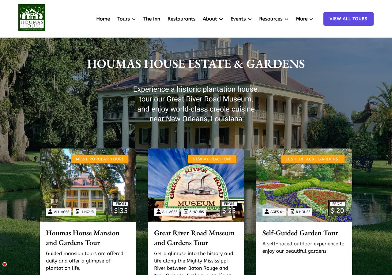 Homepage snapshot of Houmas House Estate and Gardens