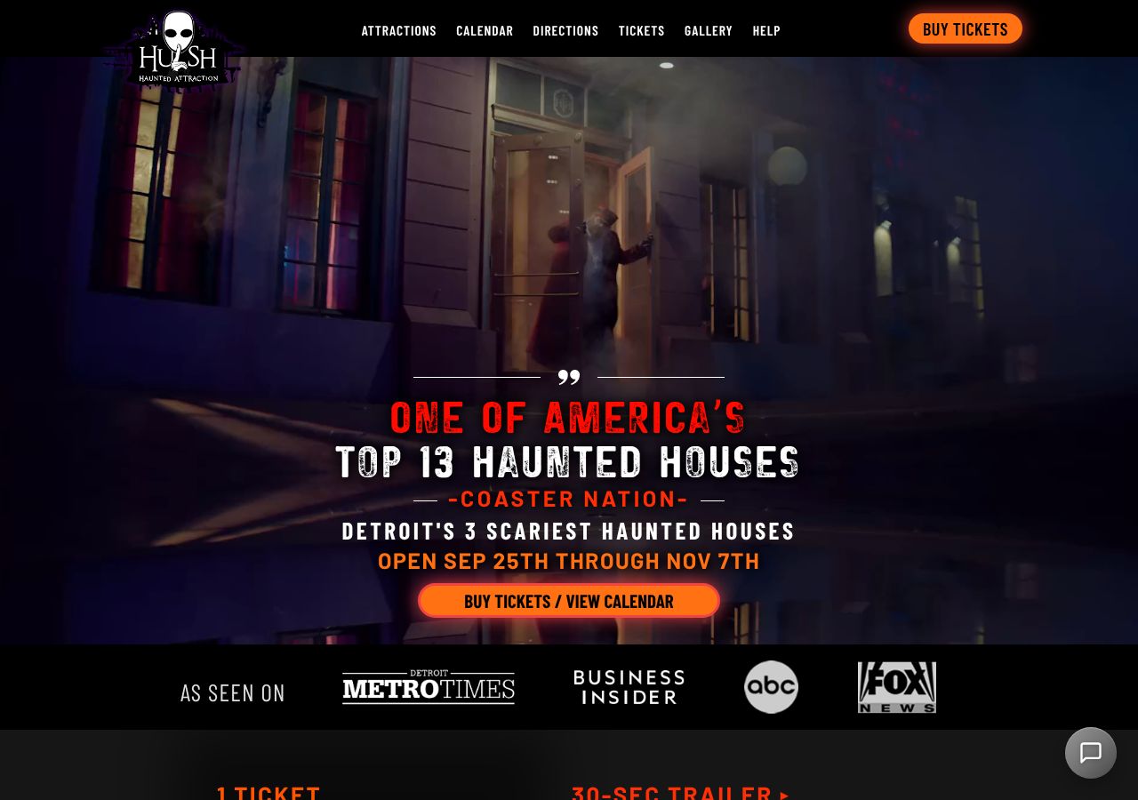 Homepage snapshot of Hush Haunted Attraction