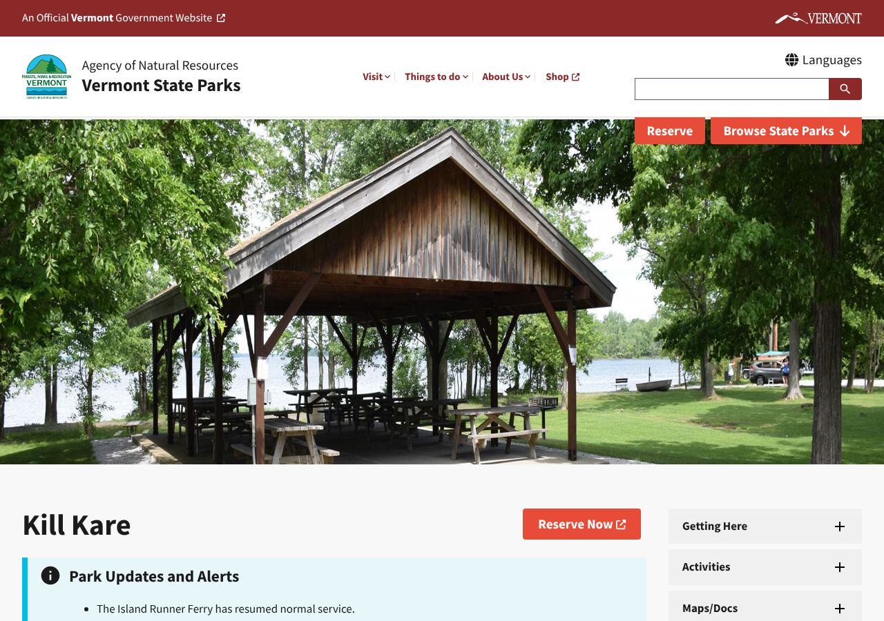 Homepage snapshot of Kill Kare State Park