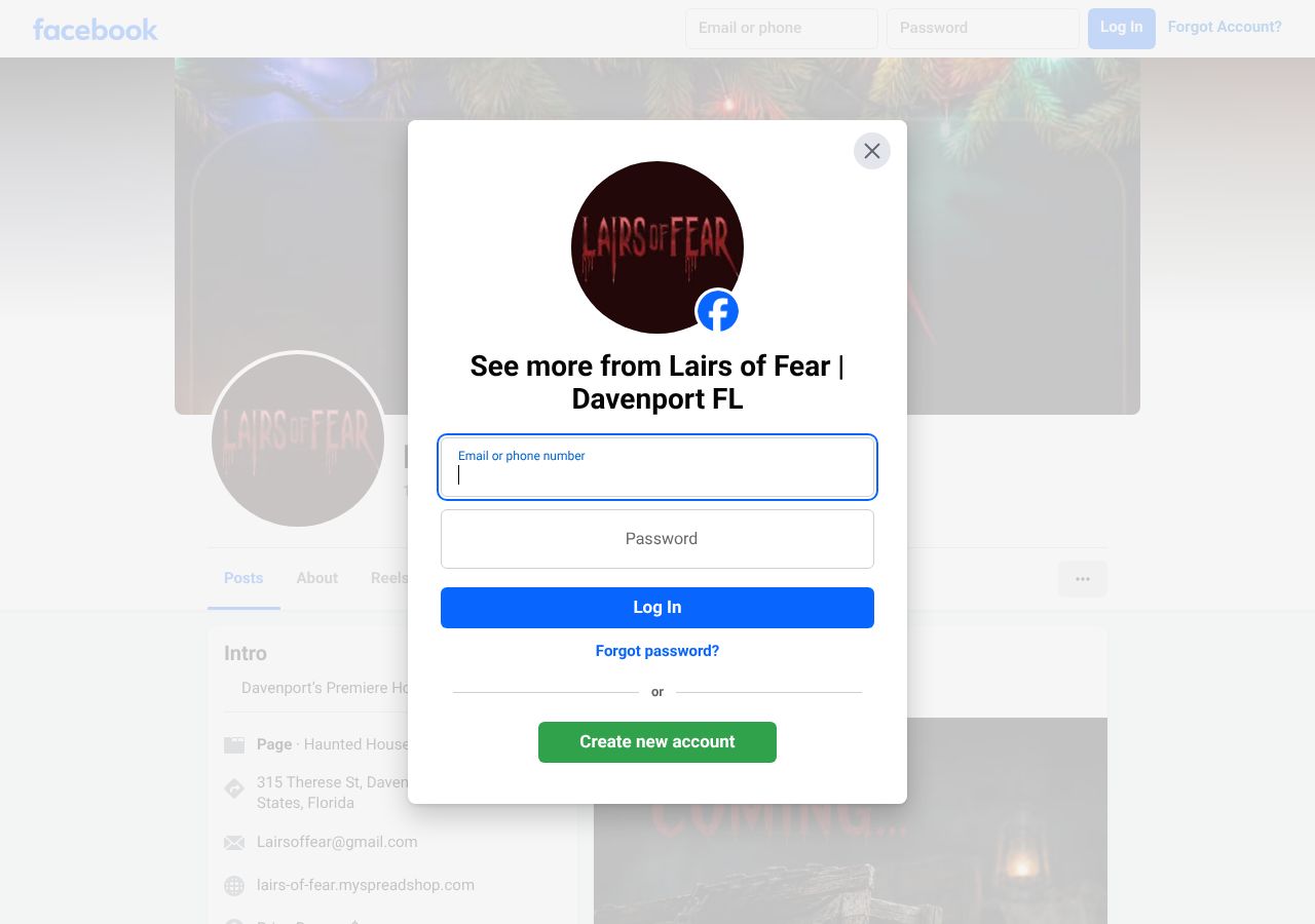 Homepage snapshot of Lairs of Fear