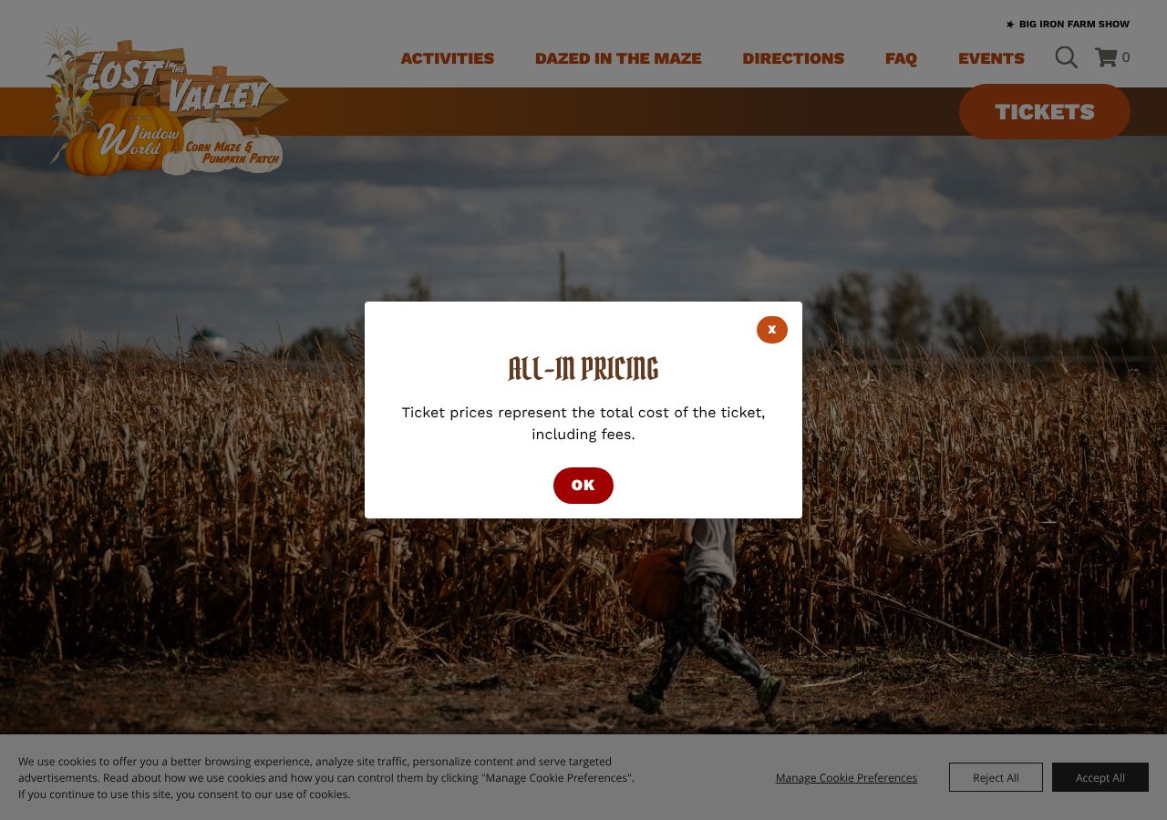 Homepage snapshot of Lost In The Valley - Corn Maze & Pumpkin Patch