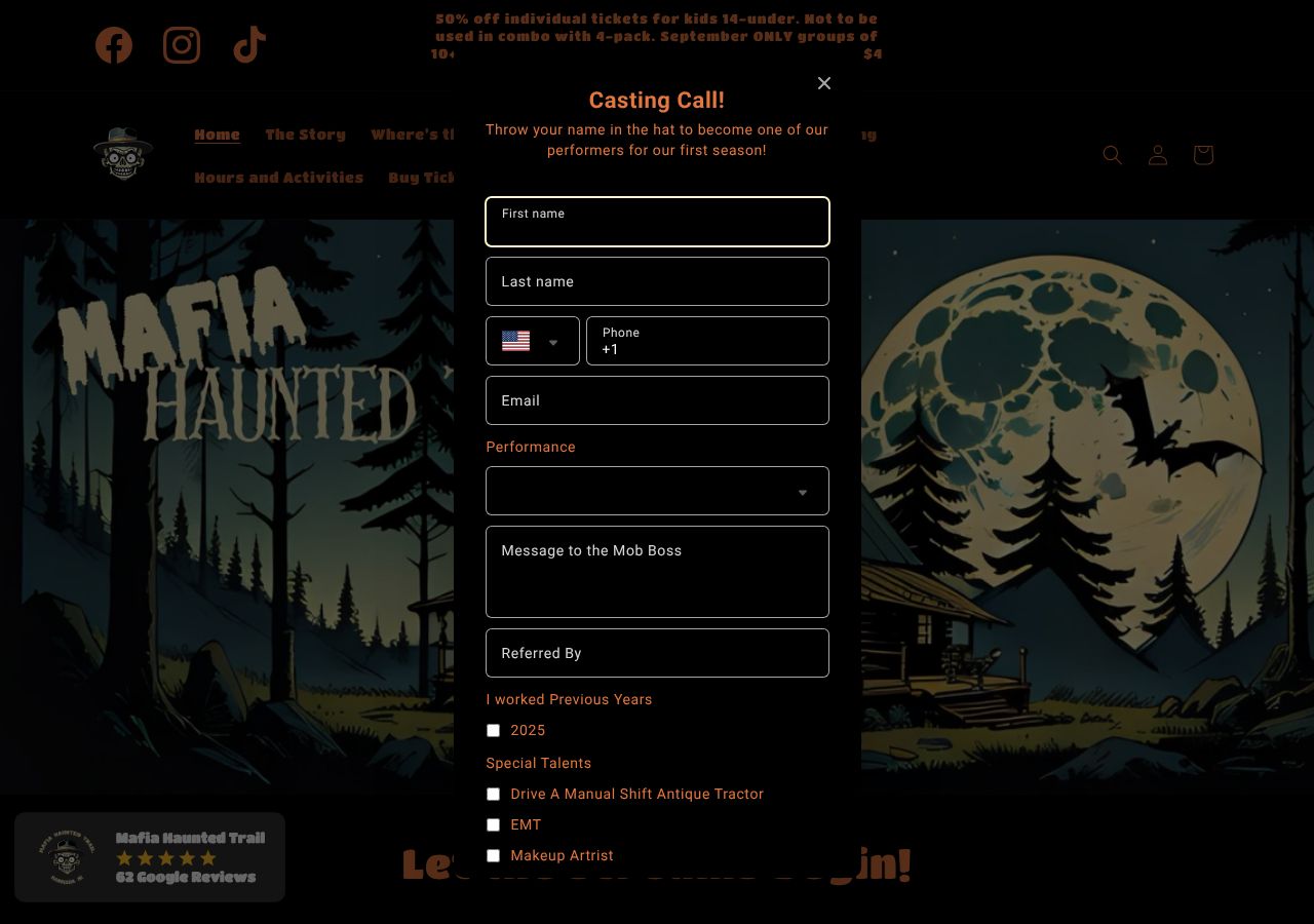 Homepage snapshot of Mafia Haunted Trail