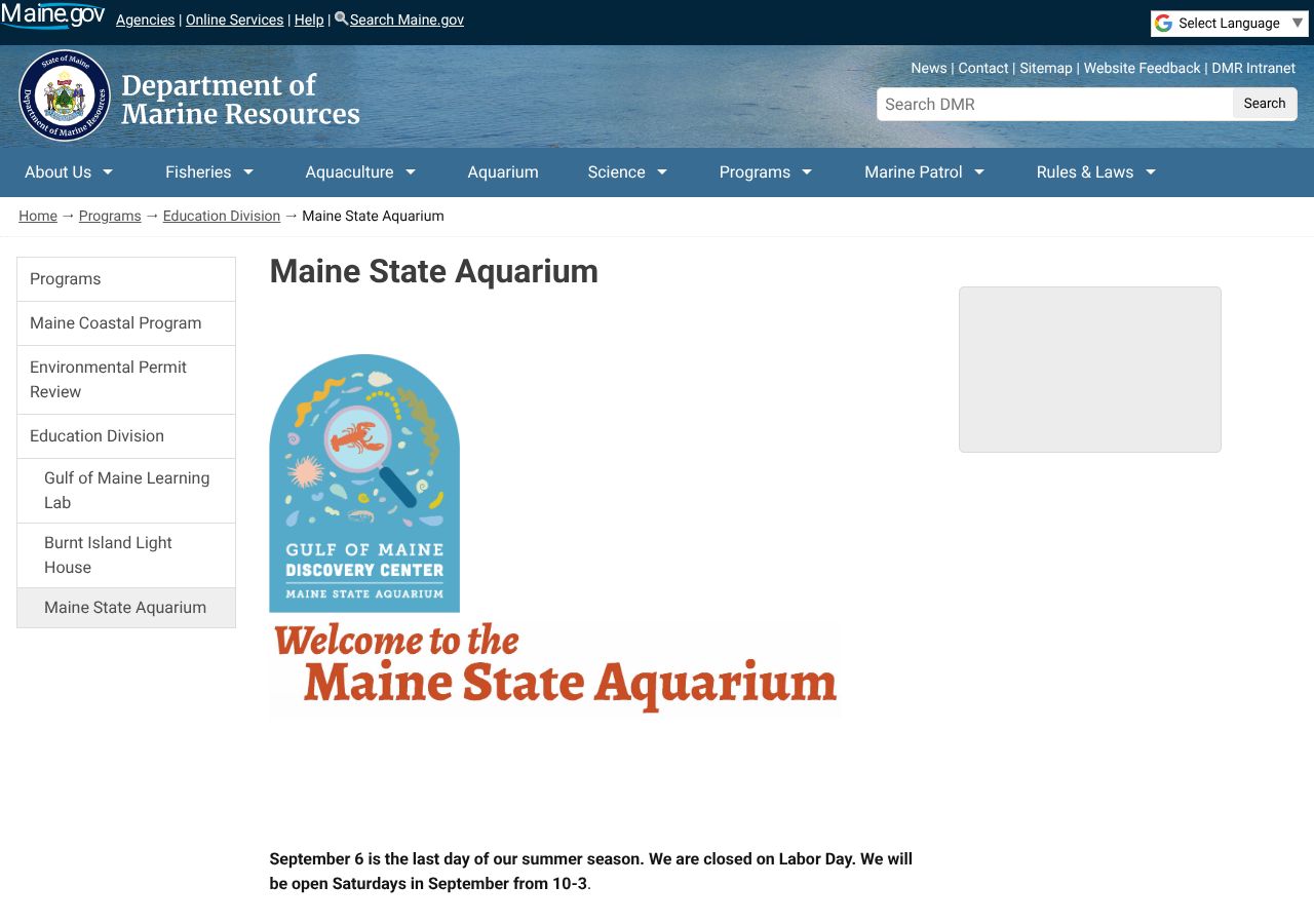 Homepage snapshot of Maine State Aquarium